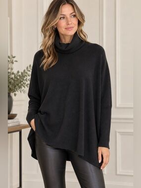 REPEAT Cashmere Black Oversized Poncho Turtleneck Sweater One Size Wool Blend